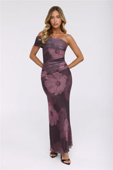 Mischief Glow Off Shoulder Mesh Maxi Dress Brown