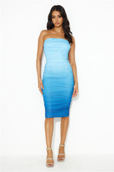 Happy Girl Strapless Mesh Midi Dress Blue