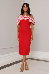 Kinsey Off Shoulder Frill Midi Dress Red
