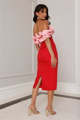 Kinsey Off Shoulder Frill Midi Dress Red