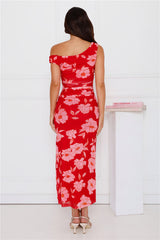 Sunlit Florals Mesh Off Shoulder Maxi Dress Red