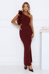 Luxe By Moonlight One Shoulder Mesh Maxi Dress Wine